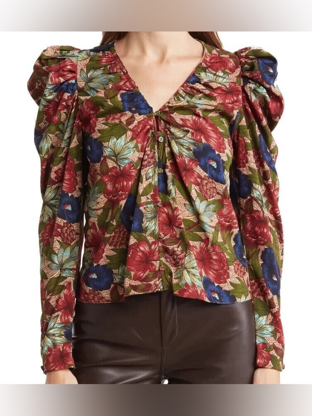 WALTER BAKER Large Vanessa Puff Long Sleeve Royal Garden Floral Top Blouse